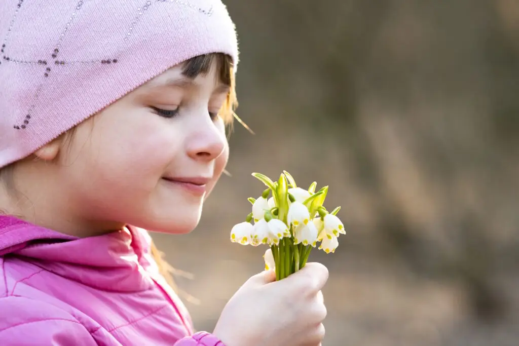 Portrait of happy child girl holding bunch of early spring by John FRANCEY
